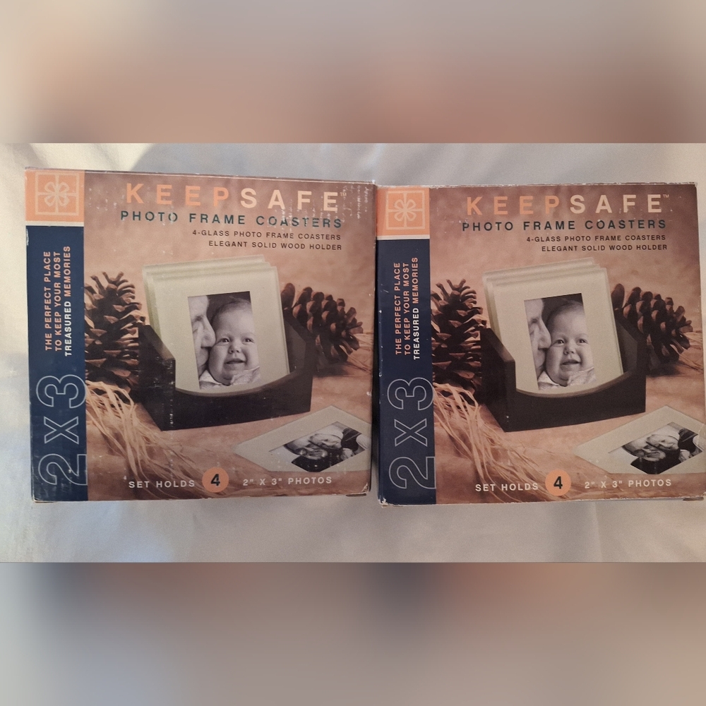 Photo Coasters Frame 2 Boxes Each Set of 4 with Wooden Holder NWT